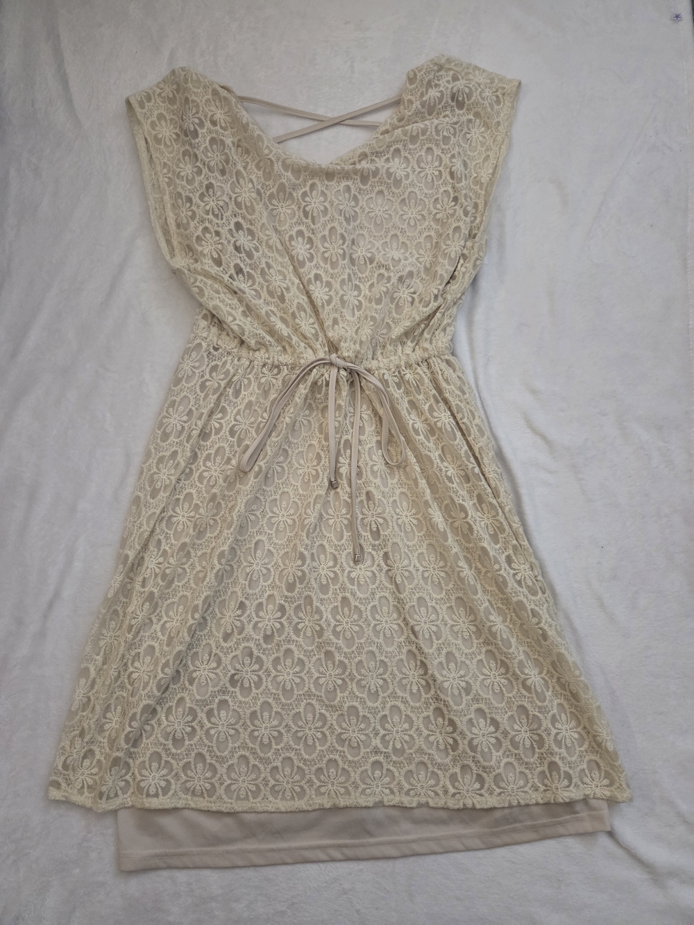 American Rag Sleeveless Cream Lace Overlay Dress with Tie Waist